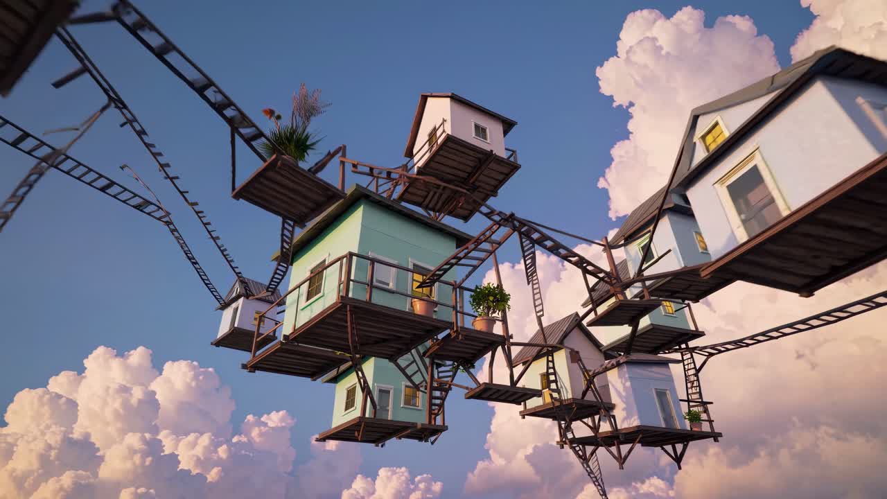 Small colorful houses hanging in the sky, connected by precarious rope ladders, create a surreal and dreamlike floating village against a backdrop of fluffy clouds and blue sky during sunset