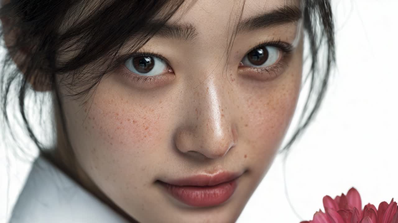 A Captivating Portrait of a Young Woman Gazing Confidently with a Flower, Capturing the Essence of Natural Beauty and Emotion in a Minimalist Setting