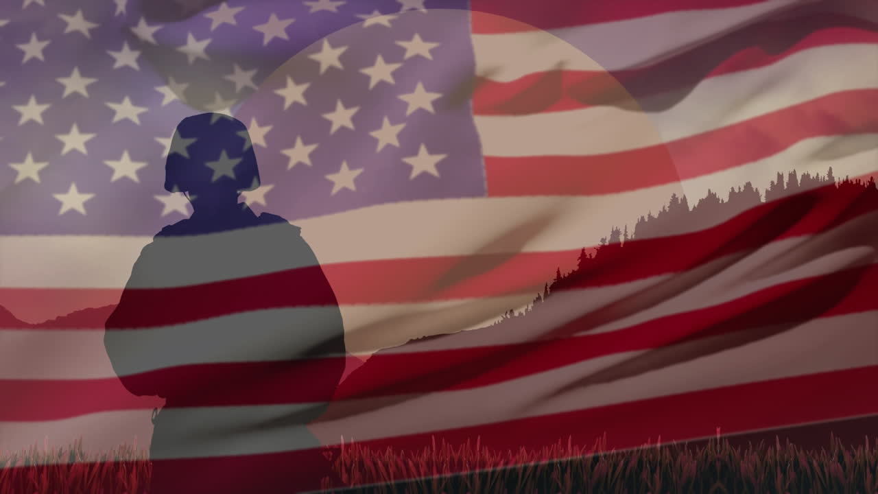 Animation of american flag over soldier and landscape