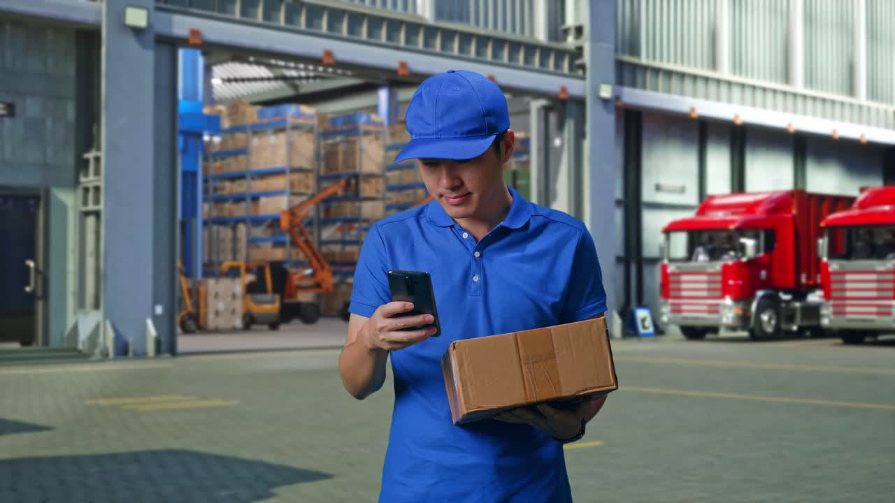 Asian male Courier In Blue Uniform Using Smartphone While Delivering A Carton, Outside of Logistics Distributions Warehouse