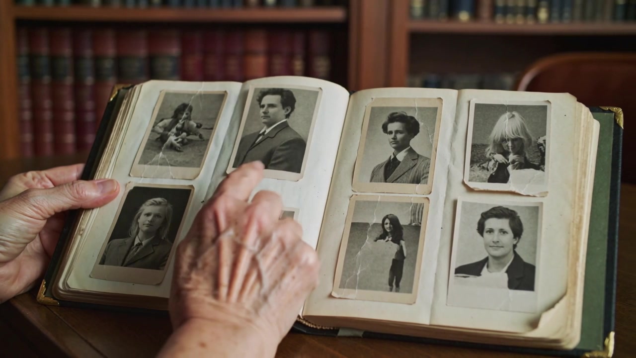 Entering frame senior hands tracing B and W album and turning pages at study table, recalling family