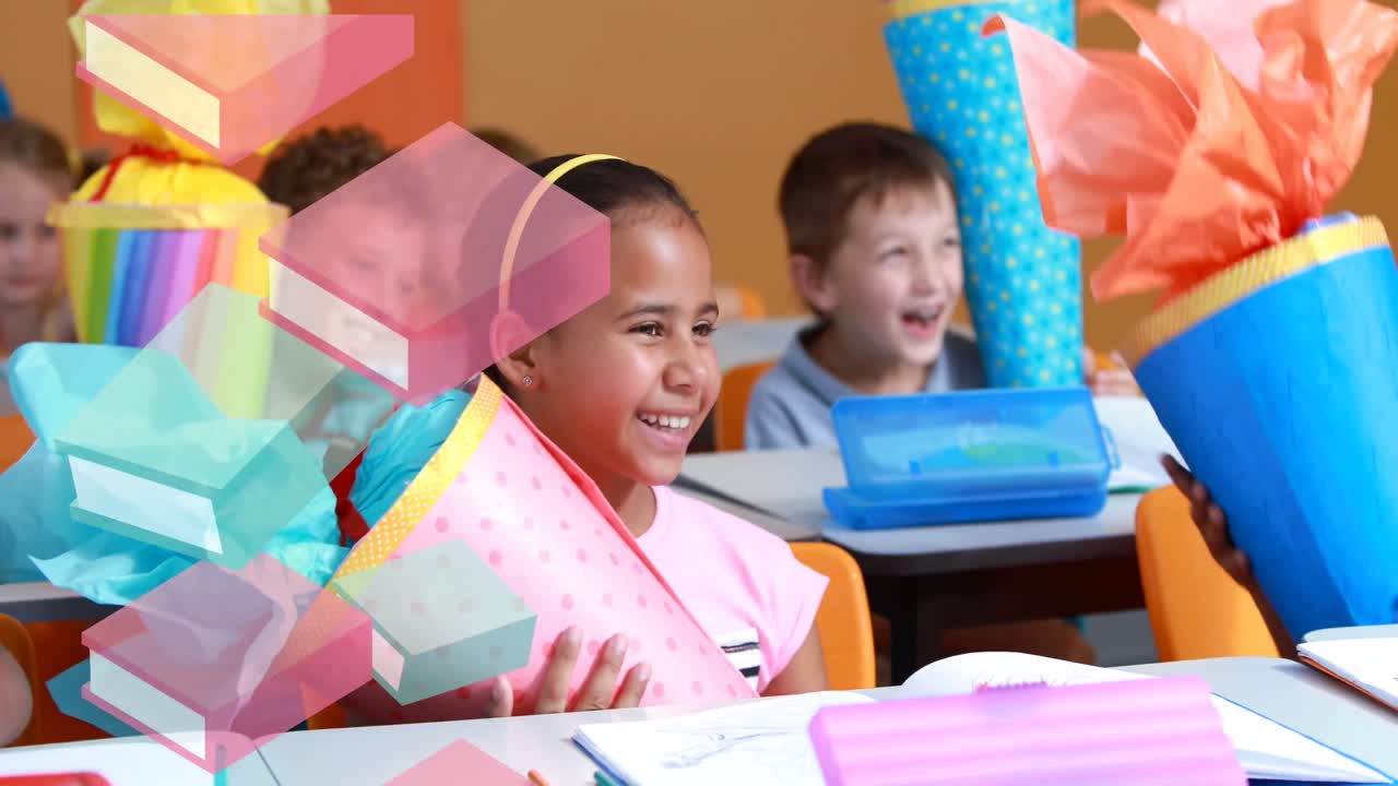 Animation of books and falling over happy children at school