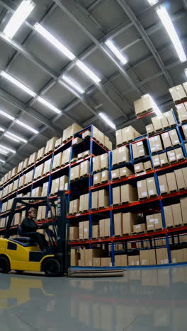 warehouse operations with forklift and storage shelves