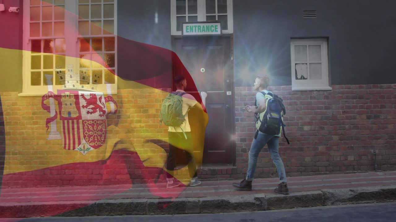 Two travelers arriving door, leading man knocking to enter, Spanish flag overlay drifting over pair