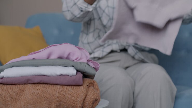 Woman Folding Clothes at Home
