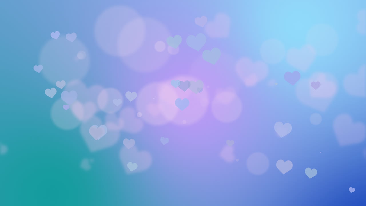 Soft blurred background with bokeh and heart shapes. Wedding romantic abstract background with blue and purple hues.