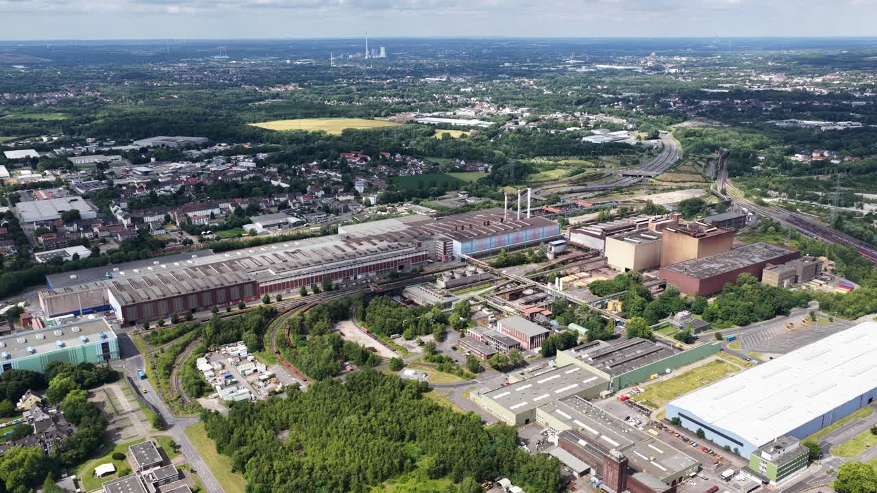 Steel and metal production facility ion Bochum Germany, aerial drone video