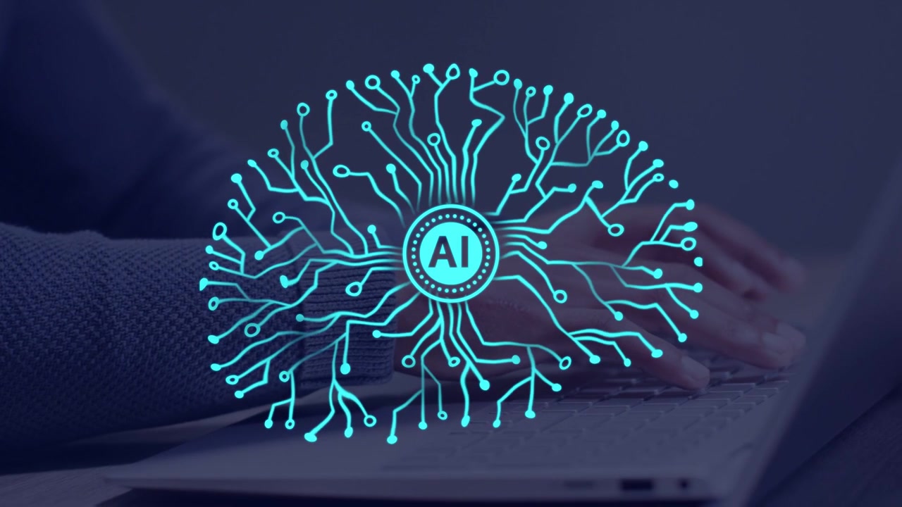 Man typing keyboard, AI circuit brain overlay playing, fading then restoring, showing tech support