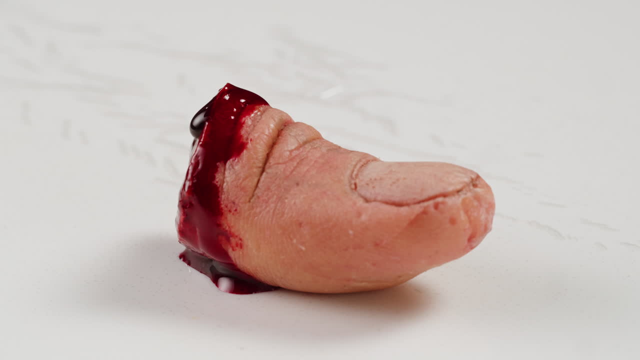 A rubber fake finger with blood close-up. Make-up equipment props for films and shooting. Bloody fake fingers for halloween and parties