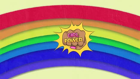 animation of girl power text on female fist over rainbow