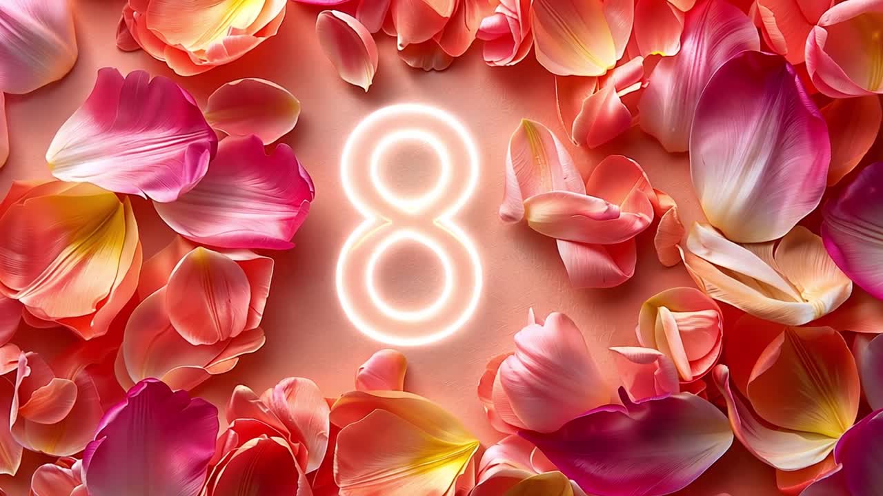 Giornata Internazionale della Donna: Numero 8 Luminoso con Petali di Fiori Rosa e Arancioni