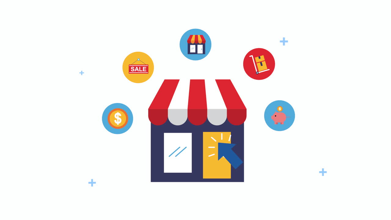 edificio de la tienda con los iconos de comercio electrónico