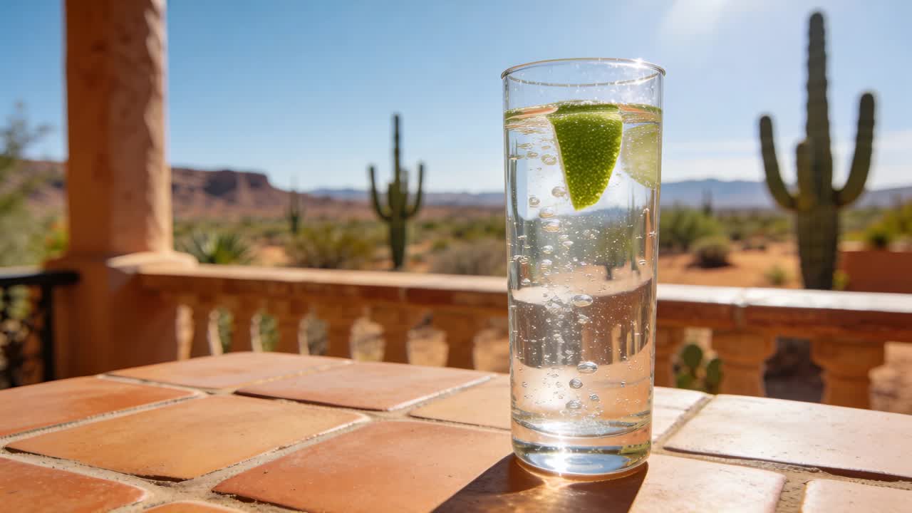 Bicchiere alto e trasparente con bollicine, con uno spicchio di lime che ruota per la carbonazione, su un patio piastrellato e soleggiato, nel deserto.