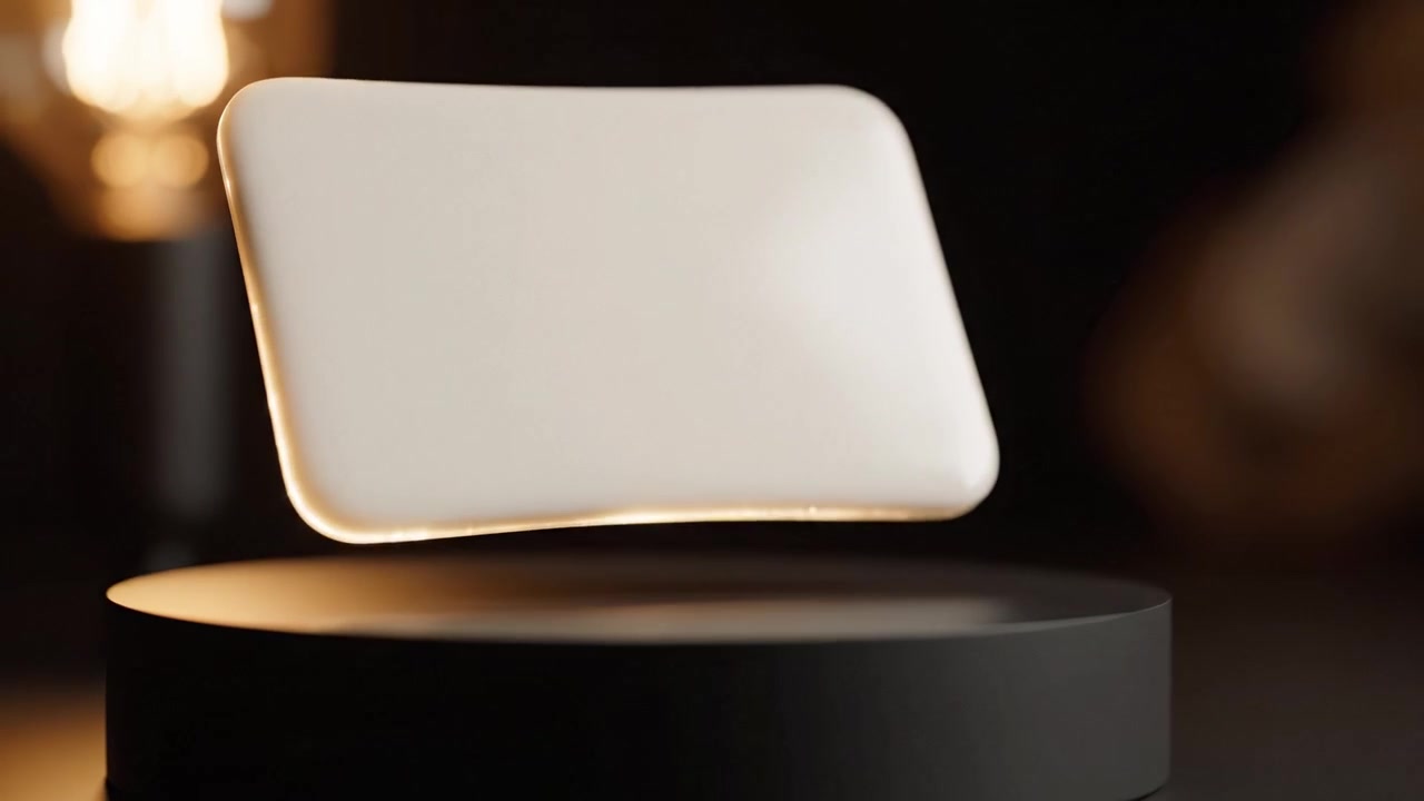 En elegant, minimalistisk design av ett vitt föremål som svävar graciöst på en mörk piedestal, belyst av en varm ljuskälla, vilket visar modern elegans och innovation.