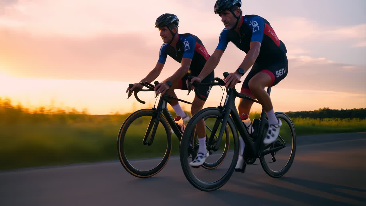 Deux cyclistes à vélo sur une route au coucher du soleil