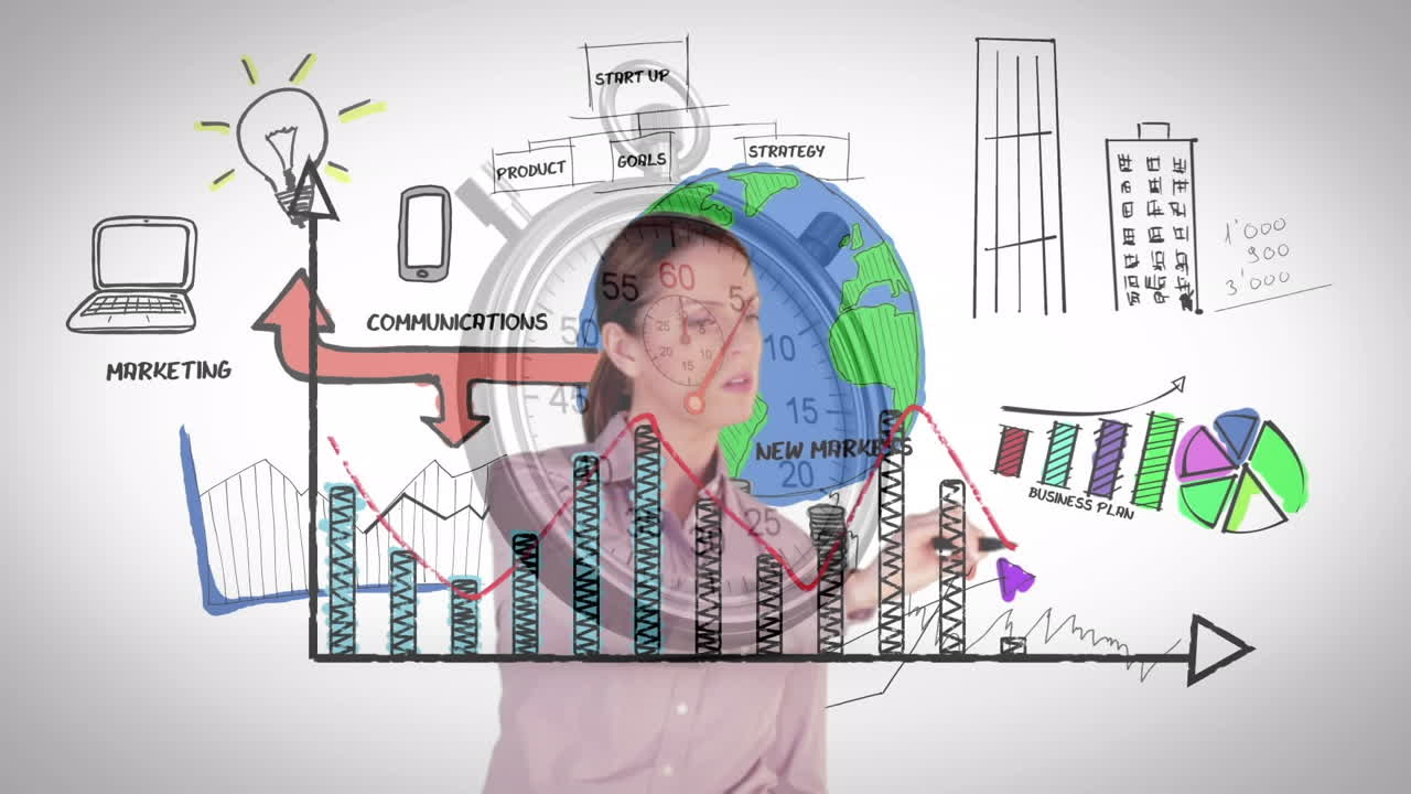 animación de estadísticas con una mujer de negocios y un cronómetro