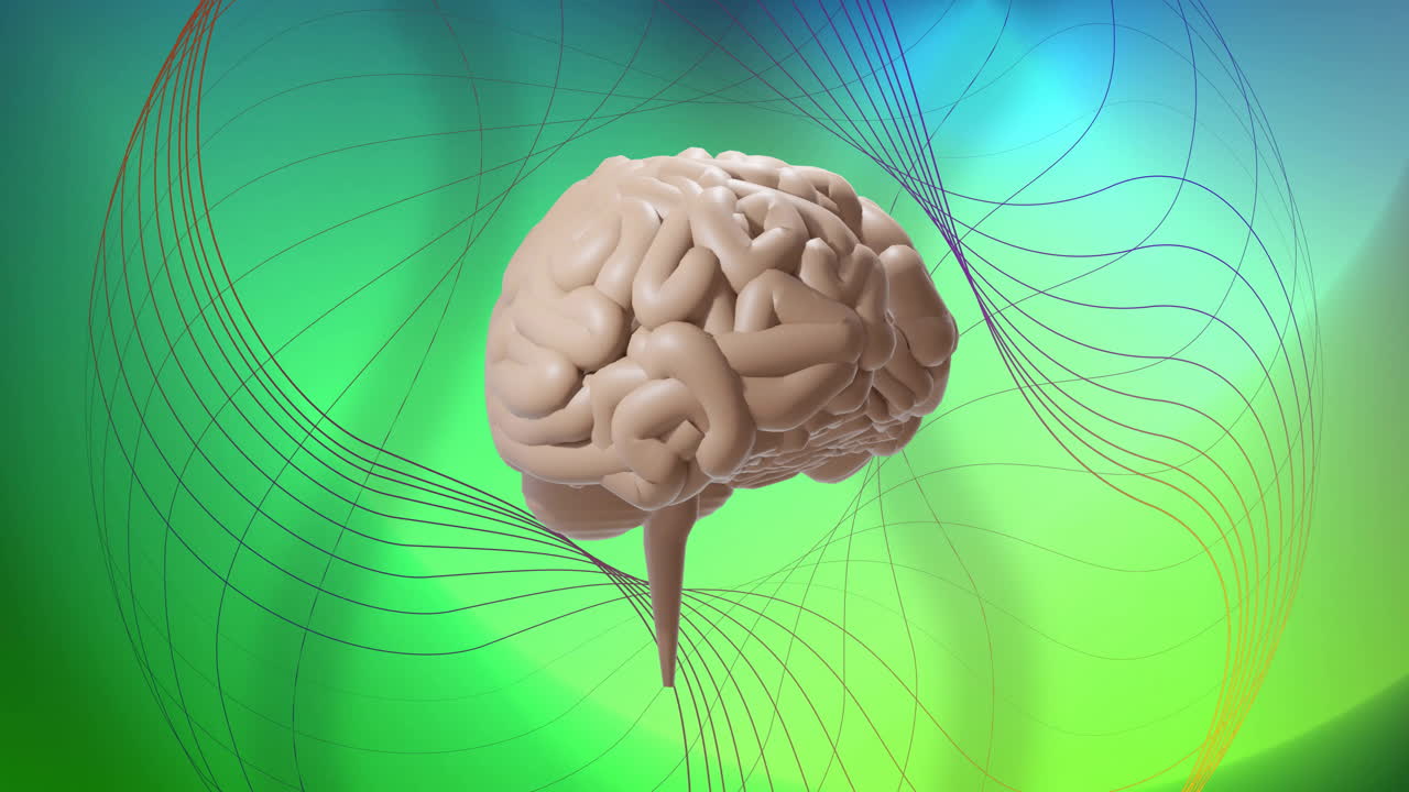 animación de cerebro giratorio sobre estructura de red 3d en fondo verde suave