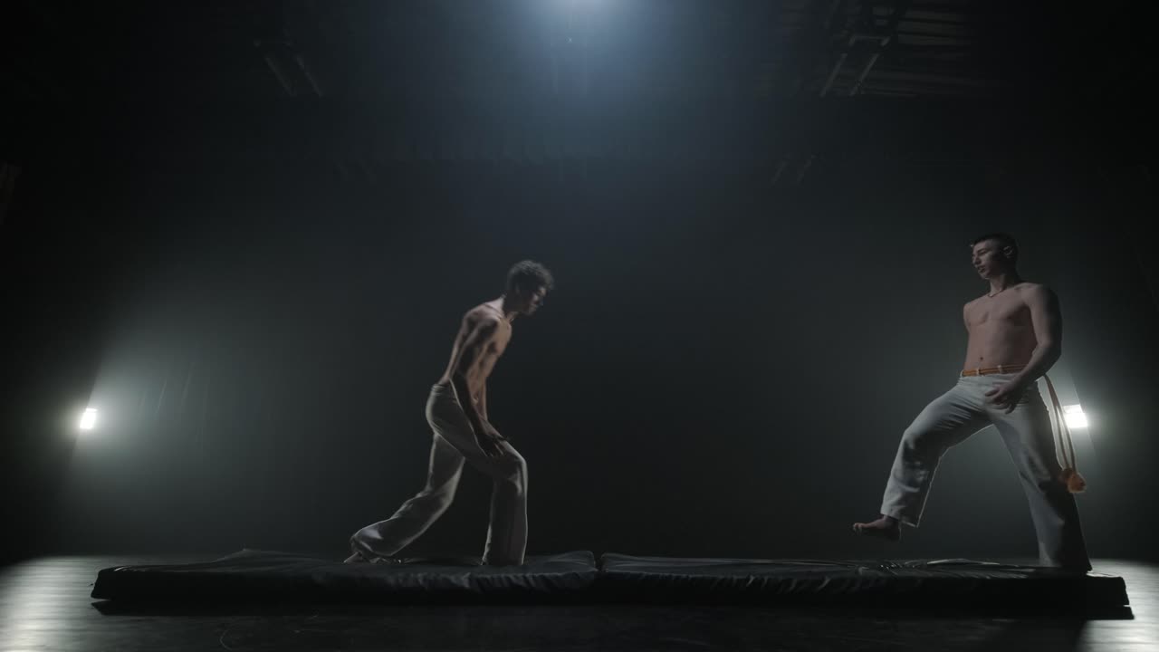 un gruppo di ballerini professionisti sta praticando la capoeira al buio contro un proiettore su uno sfondo nero di uno studio. arte marziale afro-brasiliana che combina elementi di danza.