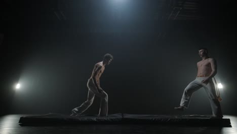 un grupo de bailarines profesionales están practicando capoeira en la oscuridad contra un foco de luz en un fondo negro de estudio. arte marcial afro-brasileño que combina elementos de la danza.