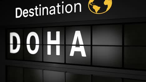 3d generated animation, analog flight information display board with the arrival city of doha