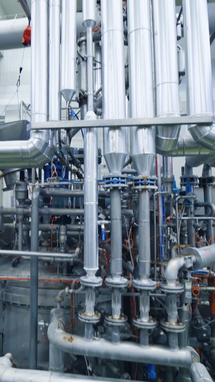 Attrezzatura moderna all'interno della fabbrica industriale. Sistema di tubi di ventilazione interno. Concetto di produzione. Movimento della telecamera verso il basso. Video verticale