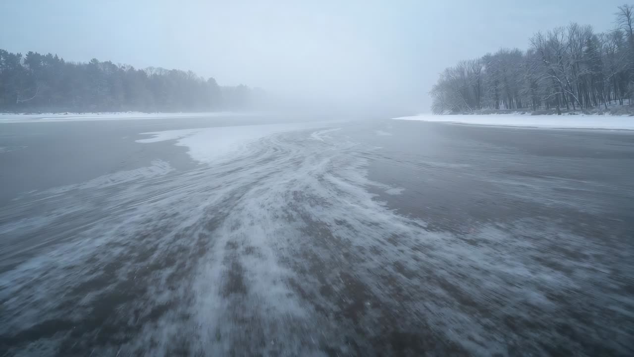 Engine thrust creating wake, vessel pushing through frozen river, moving slush to navigate channel