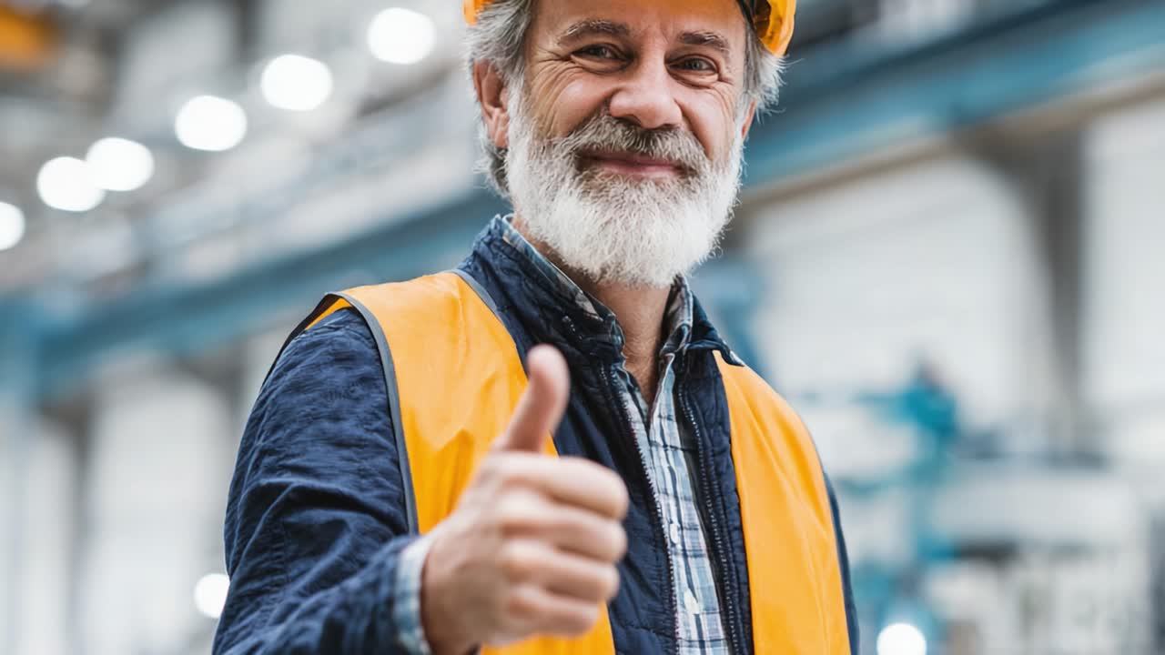 An Experienced Worker Shows Enthusiasm and Confidence with a Thumbs-Up Gesture Inside a Bright Industrial Facility