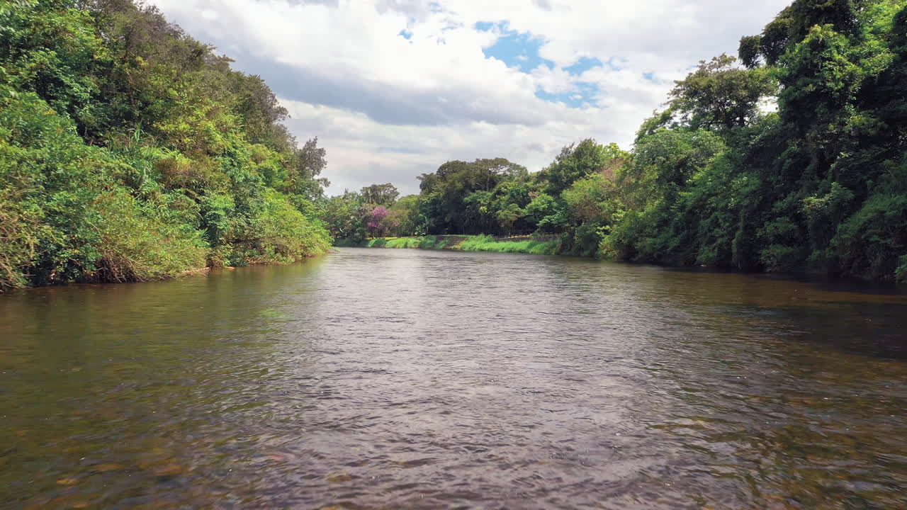 hermoso paisaje brasileño sobre y cerca del río en un bosque verde tropical con montañas en el fondo