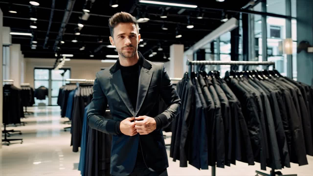 Um homem elegante ajusta seu terno em uma loja moderna. O vídeo o captura de um ângulo médio