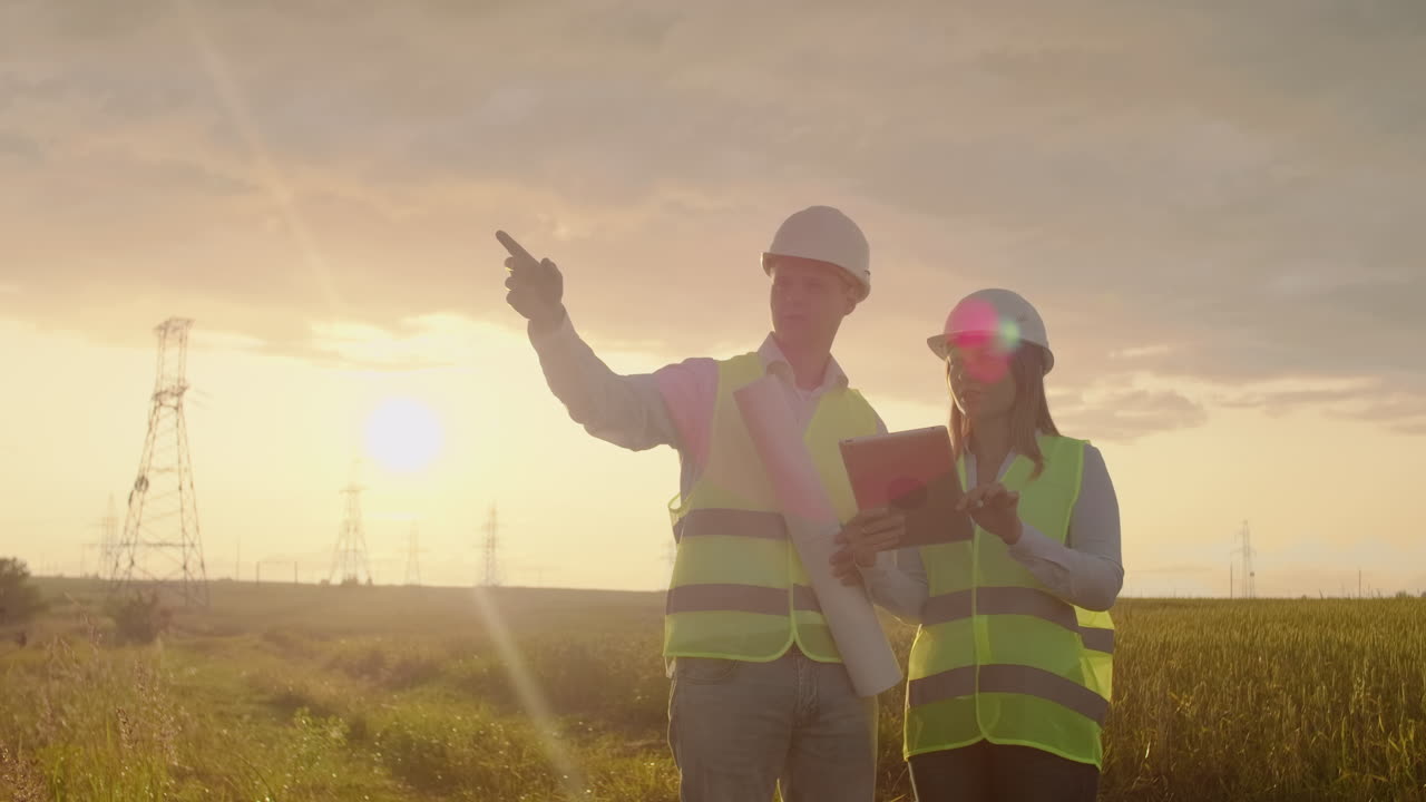 Coworking engineers with tablets on solar plant. Adult men and women in hardhats using tablets while standing outdoors on transformer platform. Transportation of clean energy. Wind energy delivery