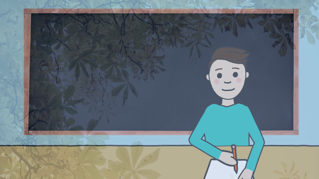 animación de un niño caucásico escribiendo en un cuaderno sobre la pizarra en la escuela