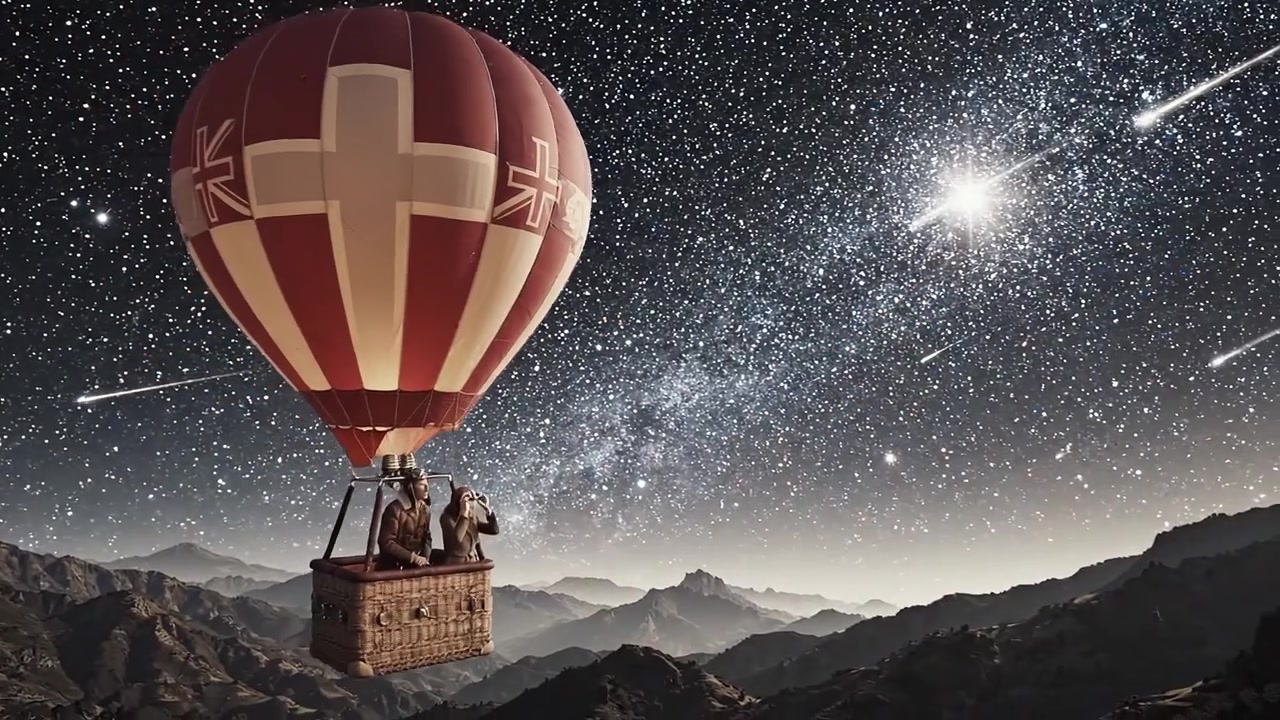 Couple in Vintage Hot Air Balloon Flying Through Starry Night Sky with Milky Way and Shooting Stars Over Mountainous Landscape Adventure