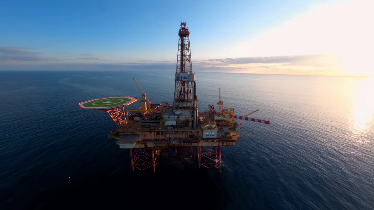 Luftoptagelse af en offshore-olieplatform ved solnedgang, der viser dens enorme struktur og havet
