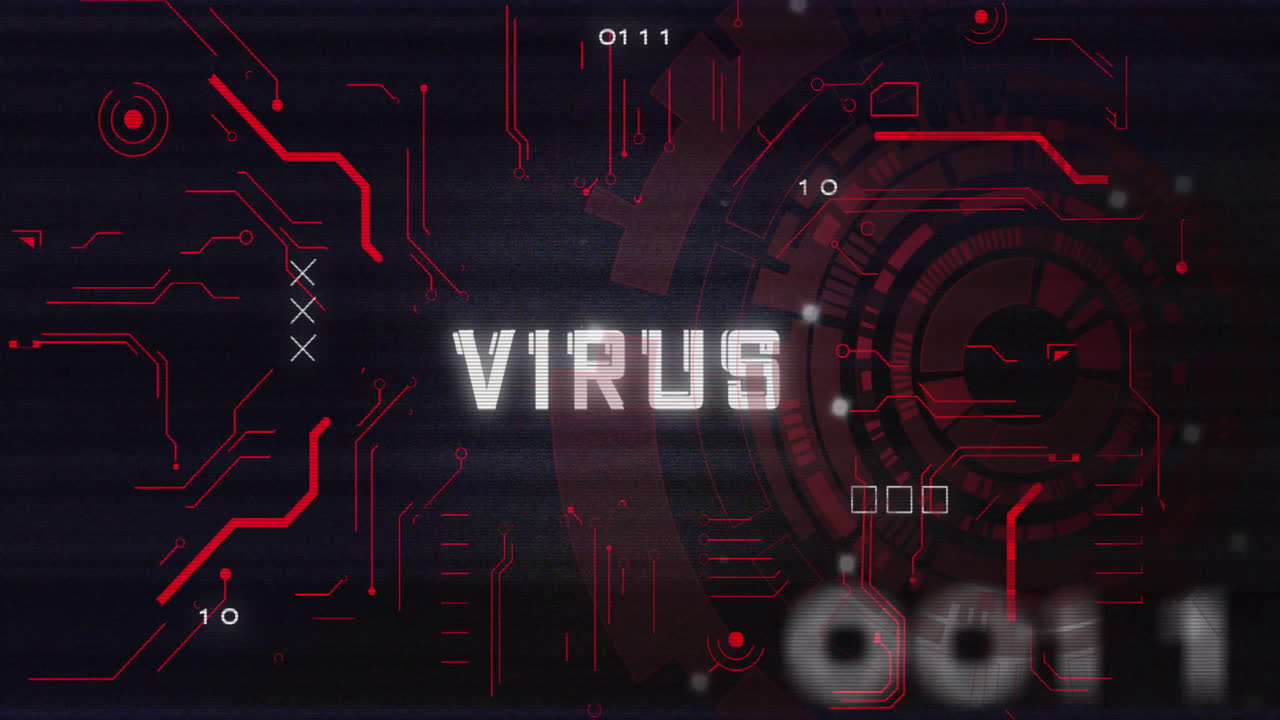 Animation of digital virus warning with binary code and red circular patterns