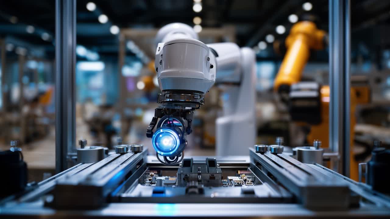 White robotic arm glows blue light. It moves precisely over metal tracks. Factory hums softly behind blurred background. No humans nearby, no emotions shown. Ideal for smart manufacturing