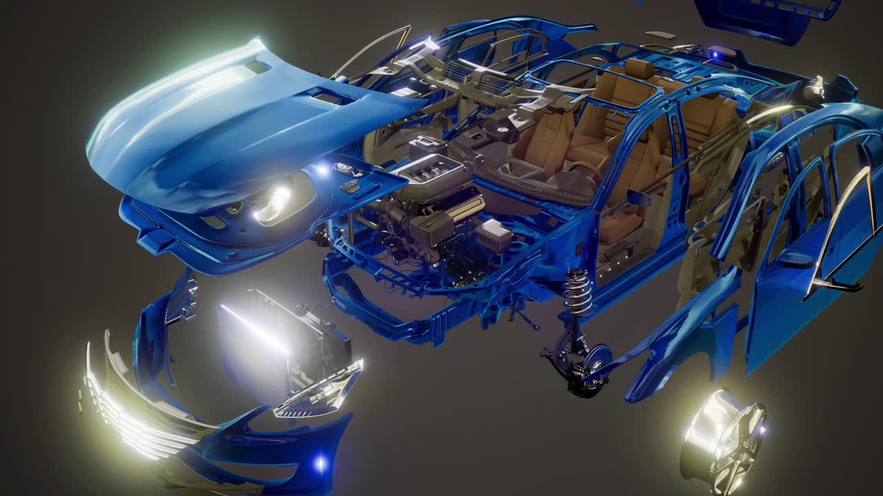 Disassembled blue car showing intricate components and engineering details