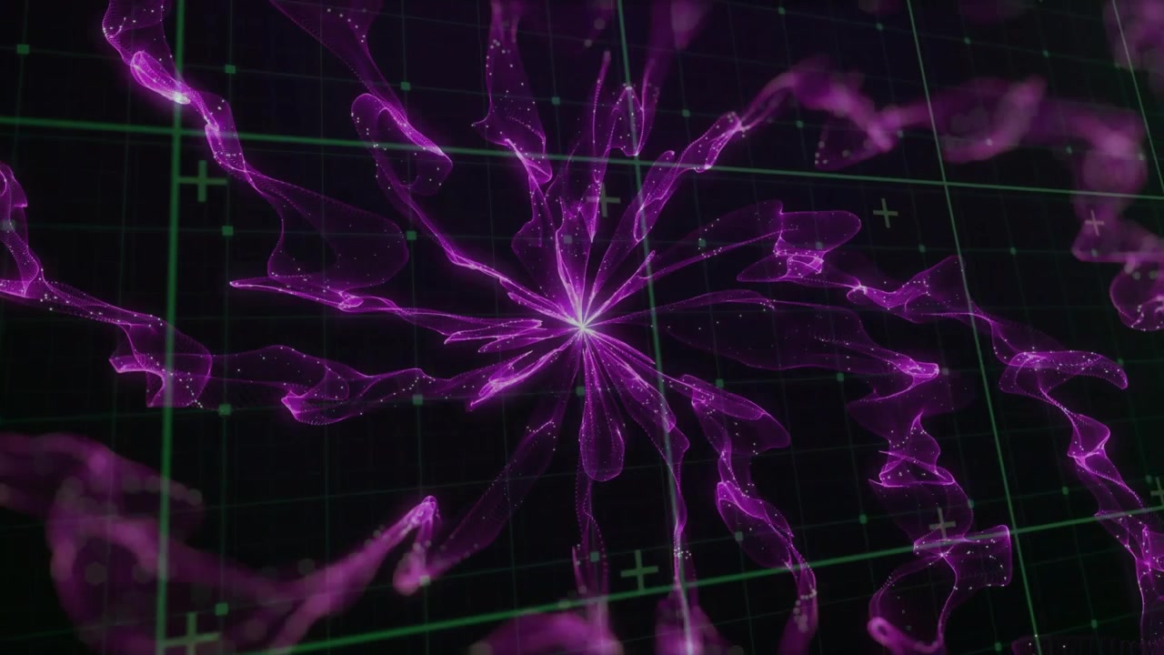 Central purple node appearing, emitting particle tendrils on green grid, showing HUD activation