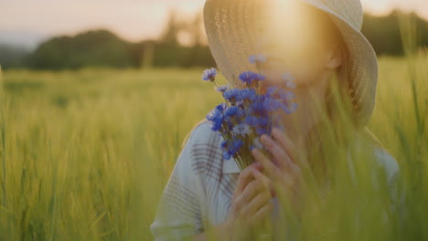 beautiful woman holding blue cornflowers sitting among grass