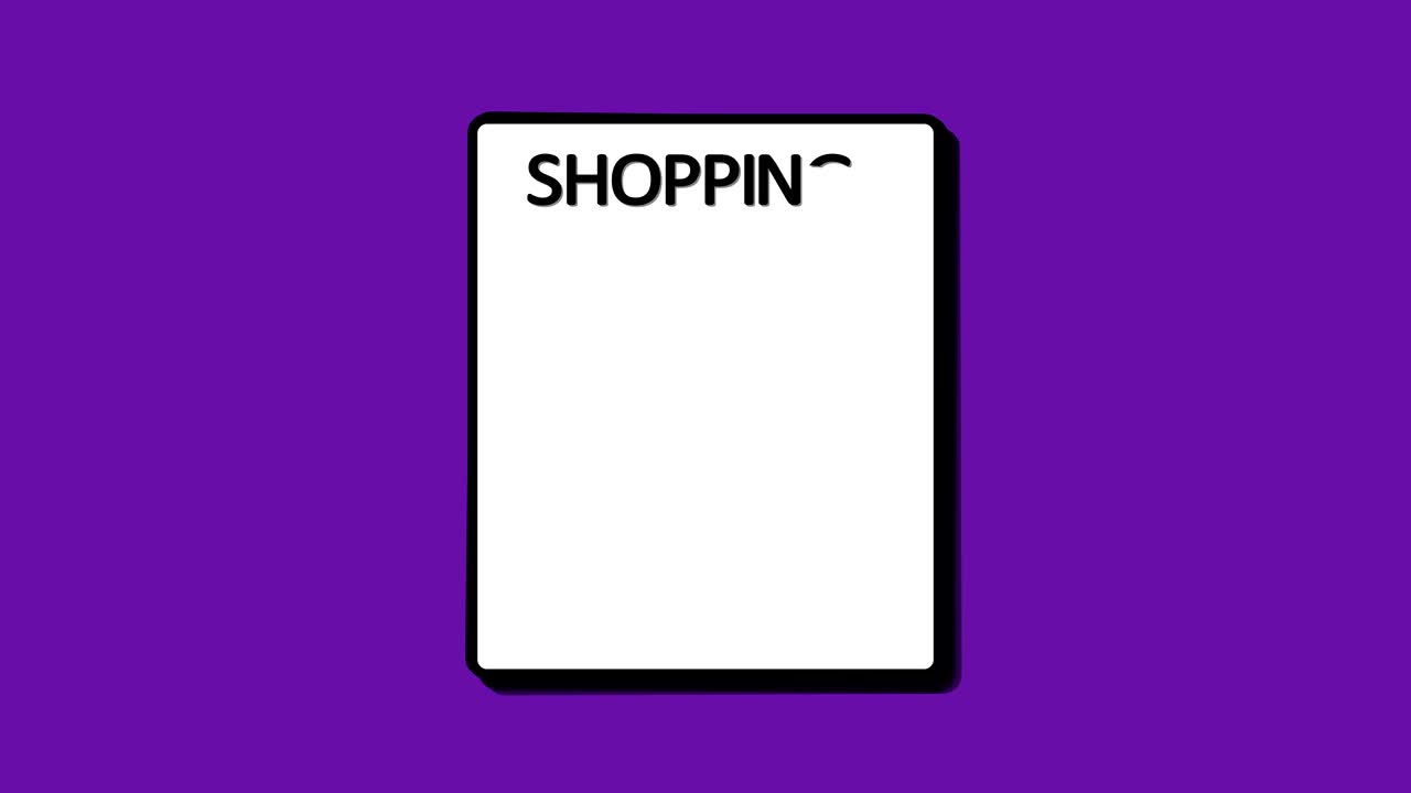 체크 박스를 가진 쇼핑 리스트 종이 안과 밖의 애니메이션 루프 보라색