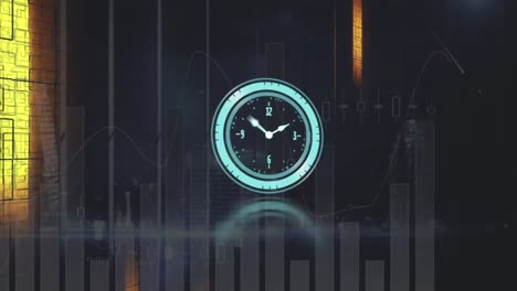 animación del reloj de neón y procesamiento de datos estadísticos en comparación con la vista aérea del paisaje urbano.