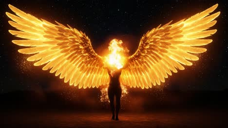 A Majestic Being with Fiery Golden Wings Illuminates the Night Sky, Symbolizing Freedom, Strength, and Spiritual Ascendancy in a Dazzling Display of Power and Beauty