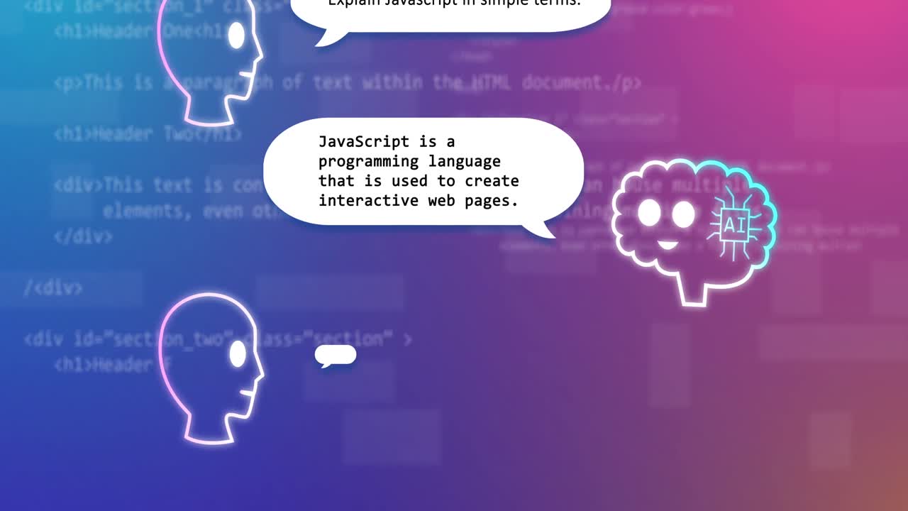 Animation of data processing and ai chat on blue background