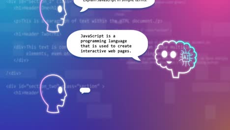 animación del procesamiento de datos y chat en fondo azul.