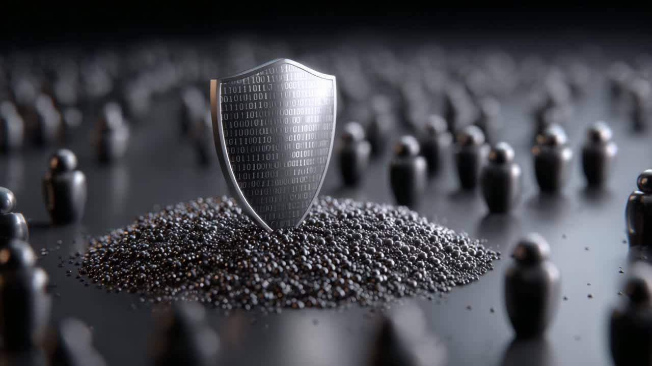 A Robust Shield Defending Against a Sea of Diminutive Figures Representing Cybersecurity and Digital Protection Concepts in a Darkened Environment