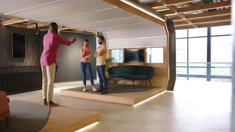 presenting project ideas, business team discussing strategy in modern office space, copy space