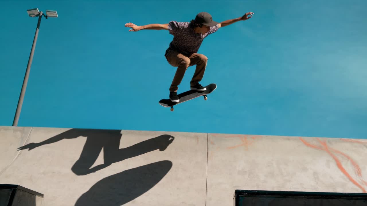 Low-angle shot of a skateboarder mid-air against a clear blue sky, capturing dynamic motion