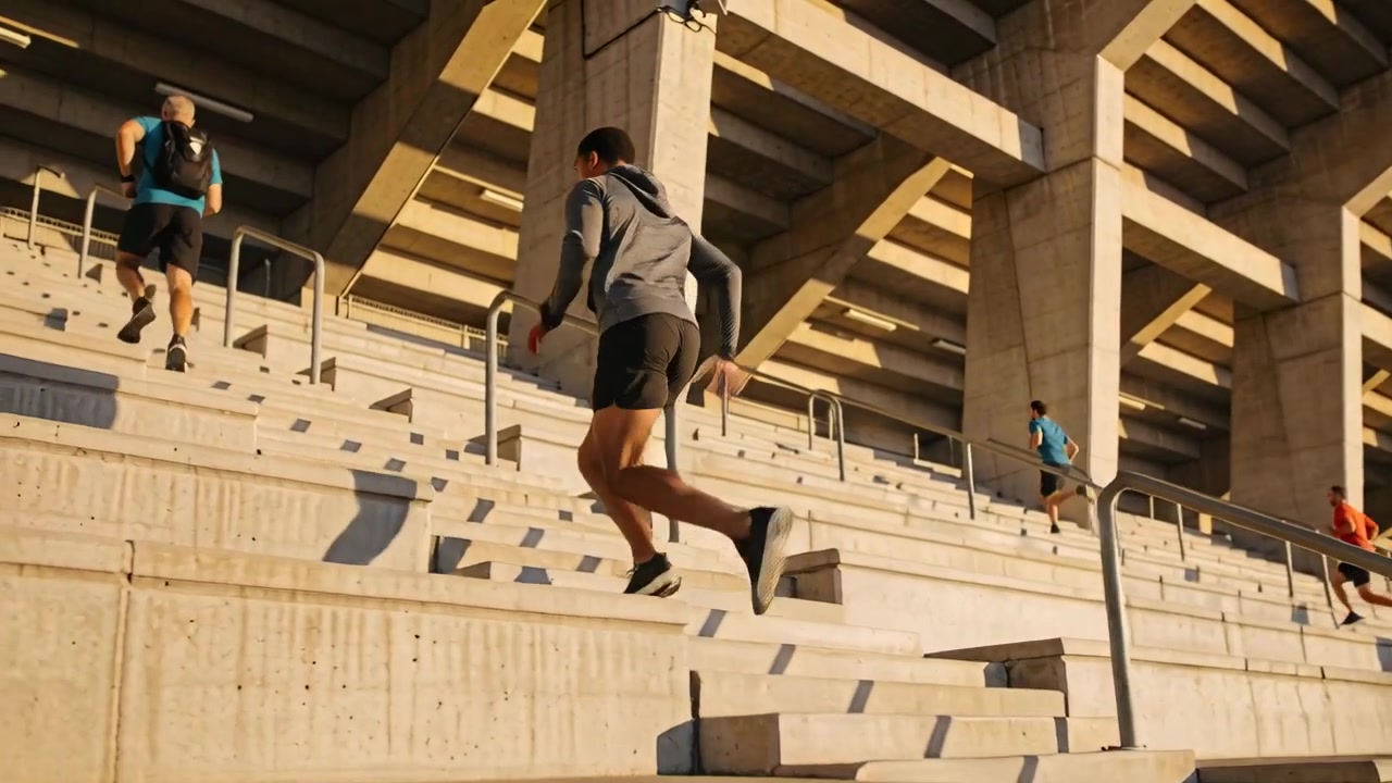 Dalla fila inferiore, un uomo in maglietta grigia e pantaloncini corre salendo le scale dello stadio, usando i corrimano per l'allenamento.