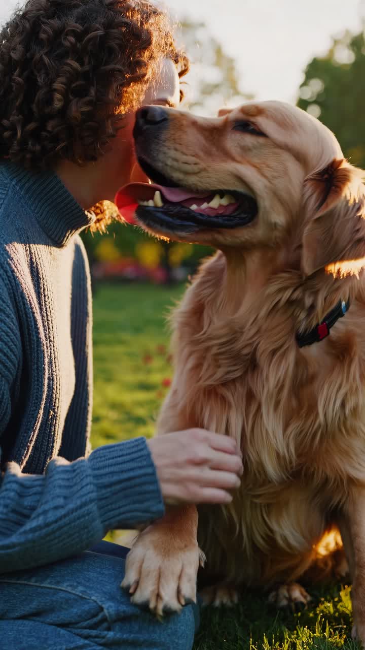 A warm, close-up video captures a person embracing a golden retriever in a sunlit park, shot