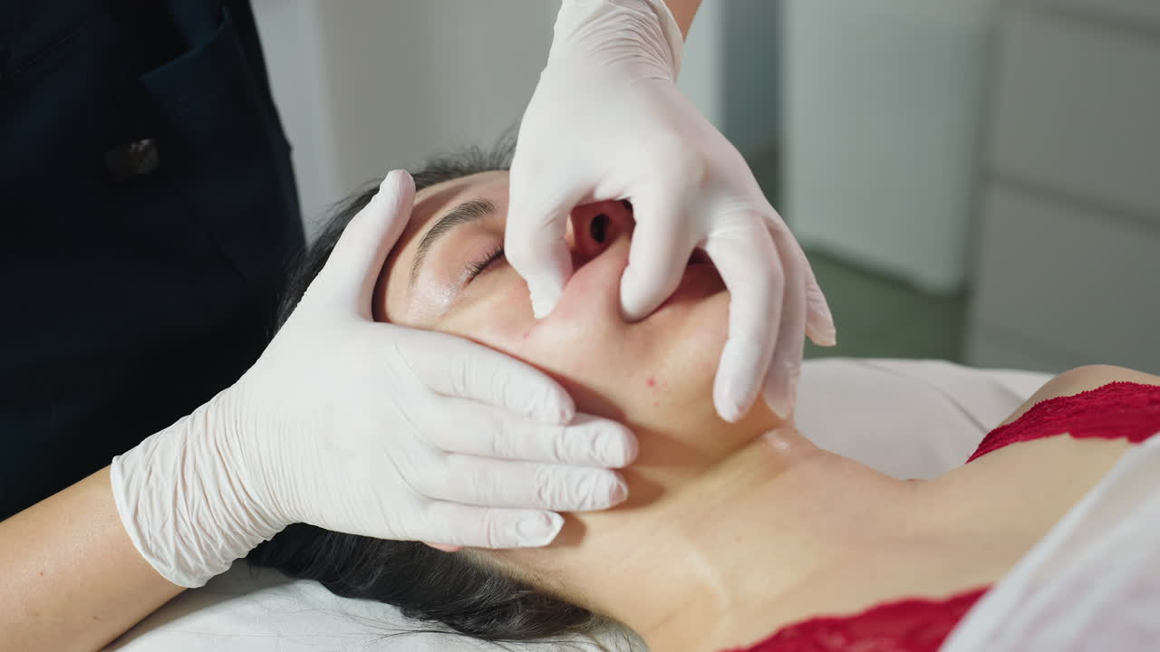 Recipient closes eyes gently as cosmetologist wearing disposable gloves dips fingernail inside mouth while other hand massages cheeks in treatment room focused on gentle facial massage procedure