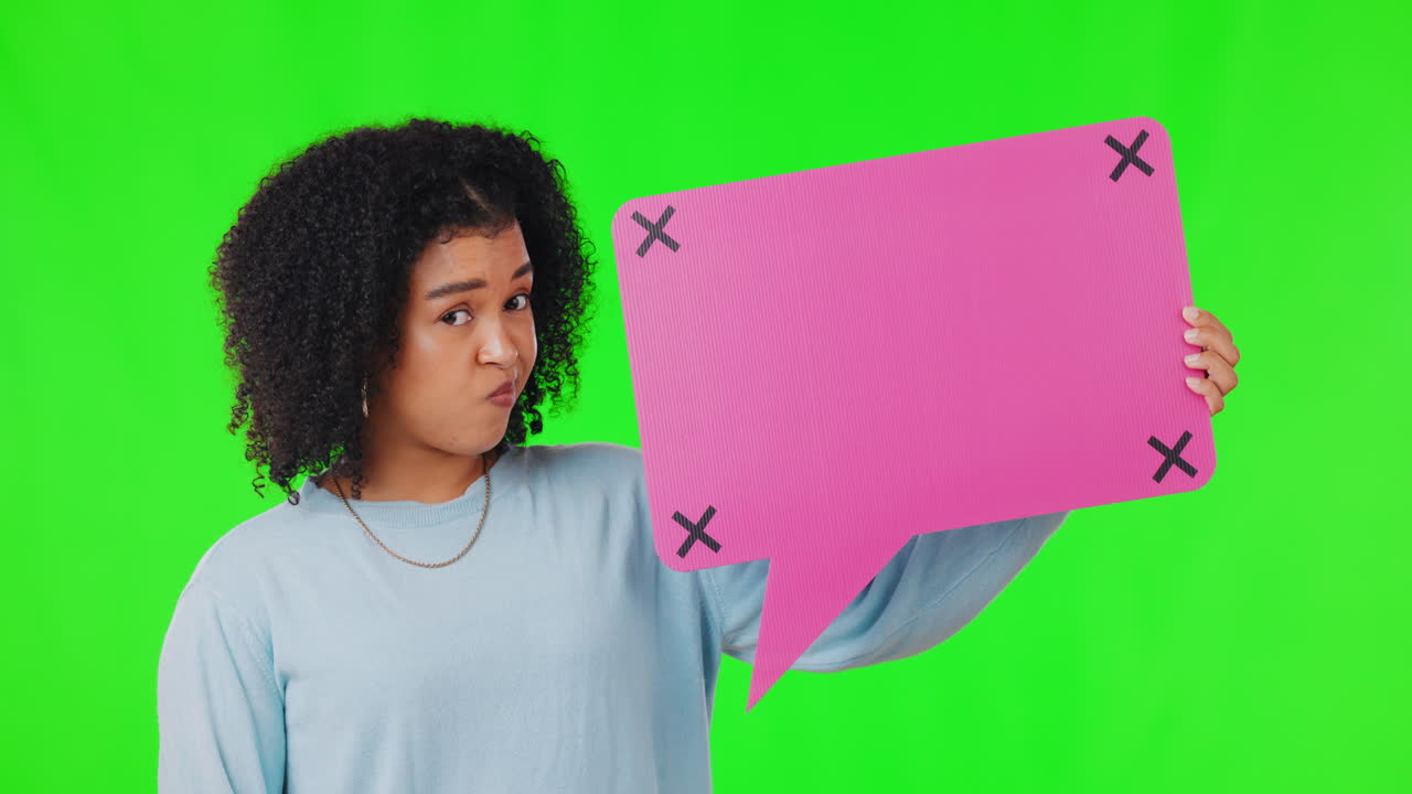 Shaking head, woman and speech bubble on green